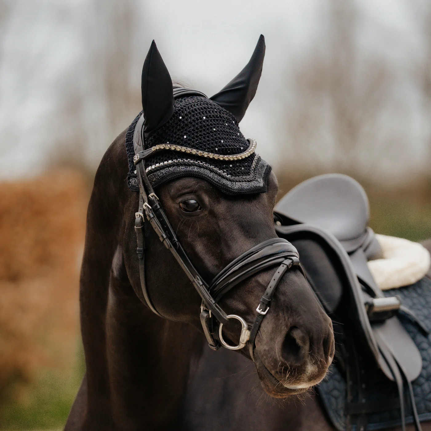 fliegenhaube-modell-deluxe Unser Modell Deluxe präsentiert auf einem Pferdekopf.