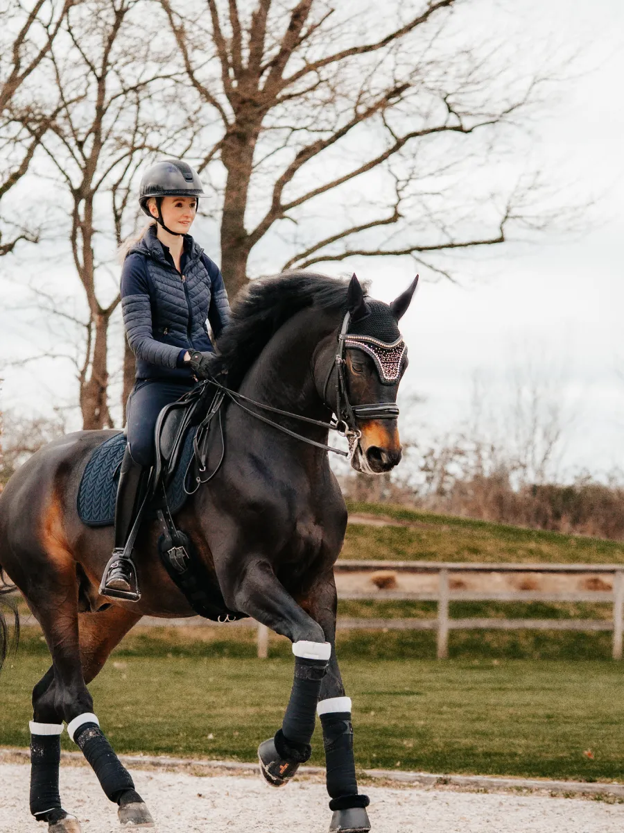 Fliegenhaube von MK Fliegenhauben auf einem Pferd.